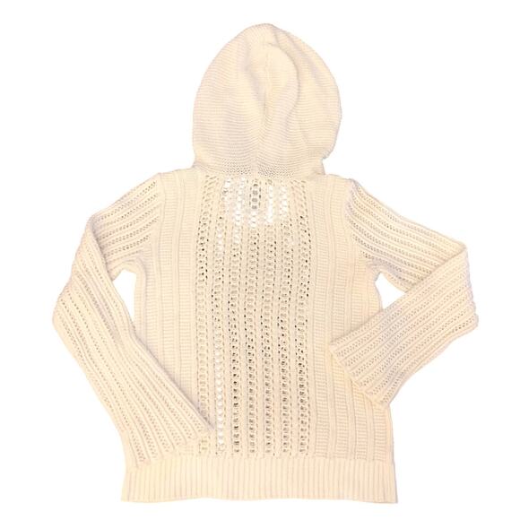 American Eagle Womens Sweater Large Cream Hooded Open Cable Knit Crochet Hoodie - Picture 10 of 11